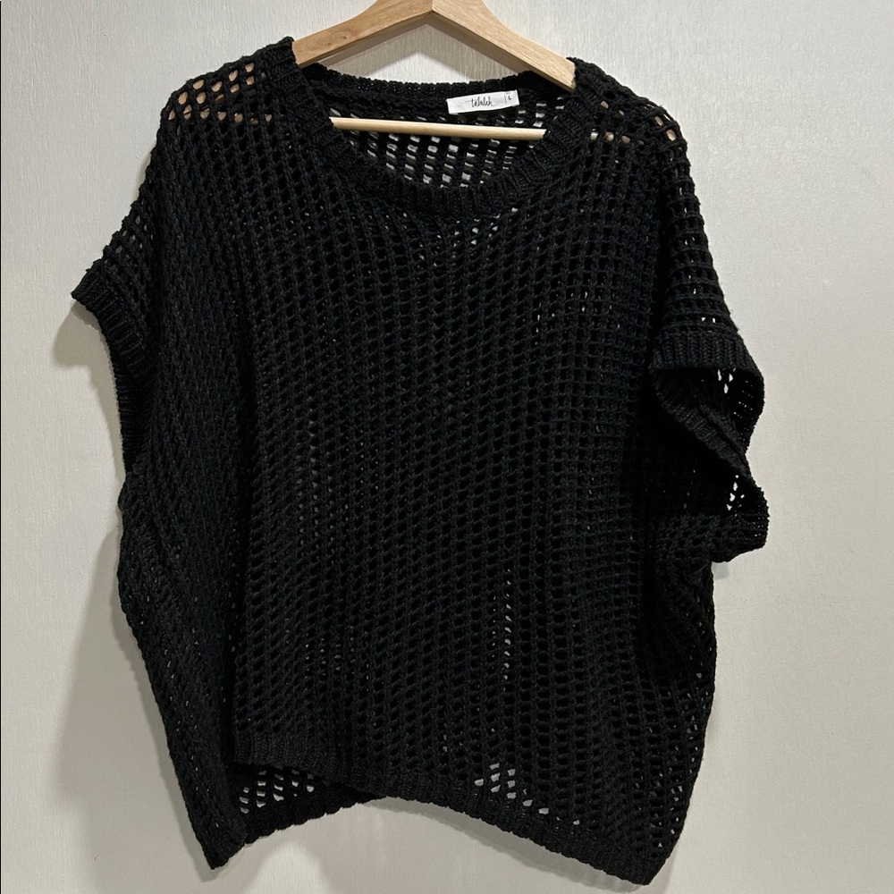 Tahari Black Open-Knit Short-Sleeve Sweater